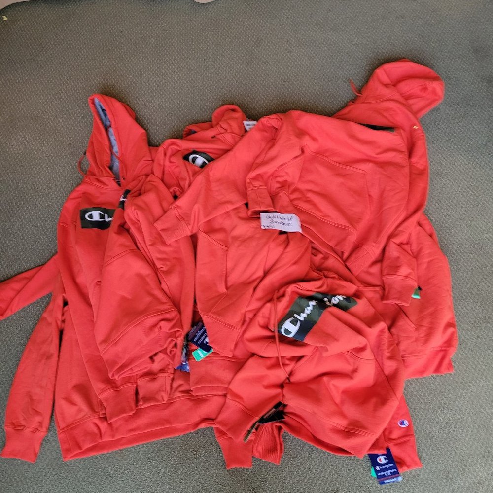 Champion Powerblend Fleece Camo Camouflage Orange Hoodie Sweatshirt Script Logo - Picture 3 of 15